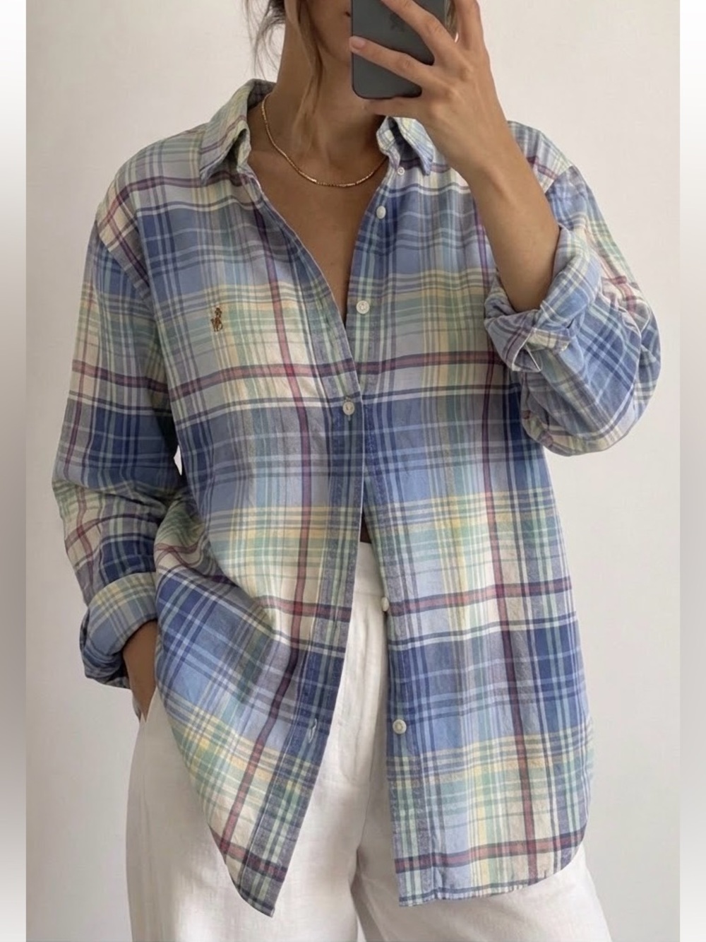 Ralph Lauren Plaid Button Down Shirt Size Medium Relaxed Oversized Blue Green